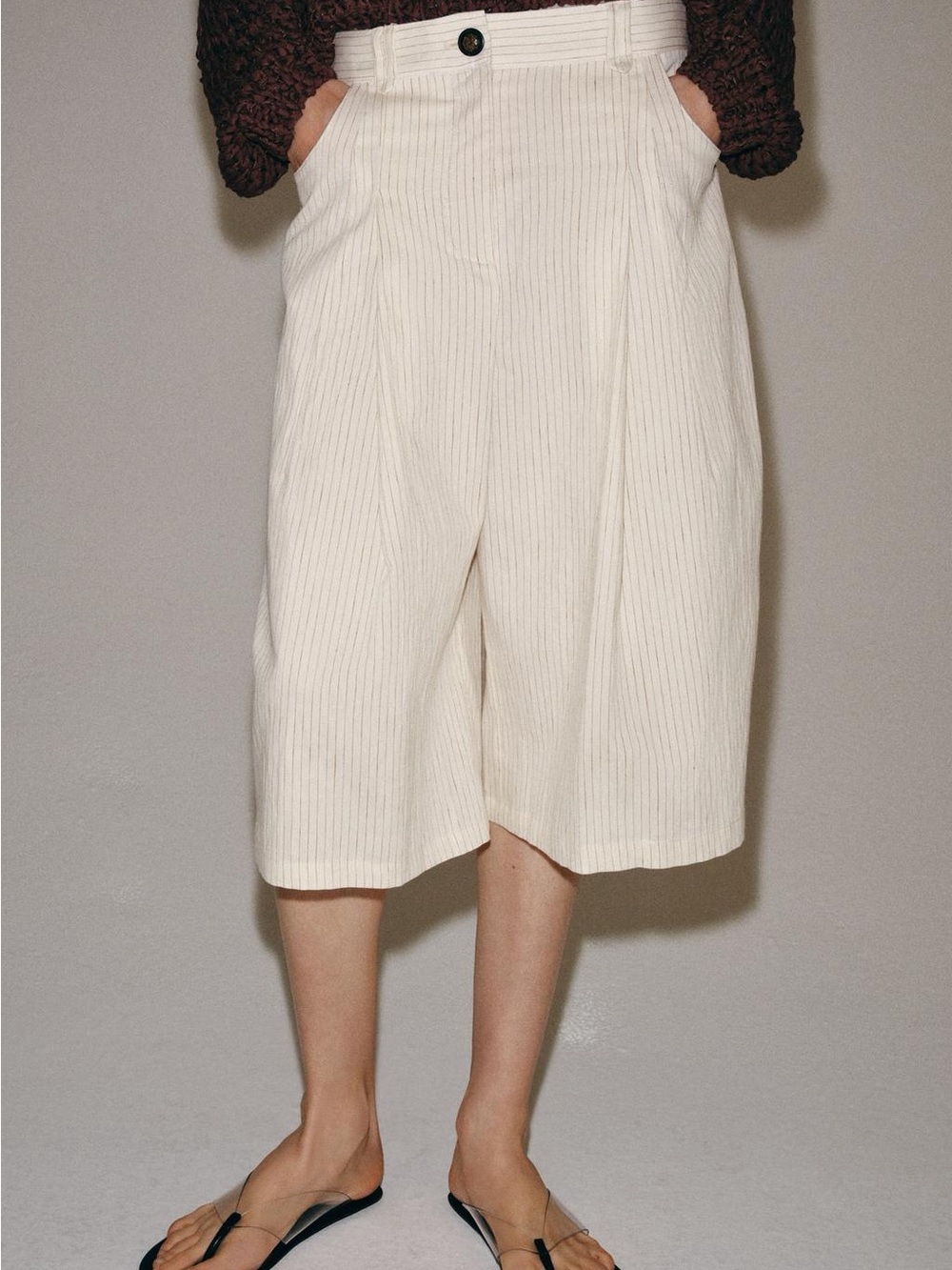Zara ZW COLLECTION PLEATED BERMUDA SHORTS - Sand STRIPED1551/355/104